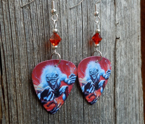 Iron Maiden A Real Live One Guitar Pick Earrings with Red Swarovski Crystals