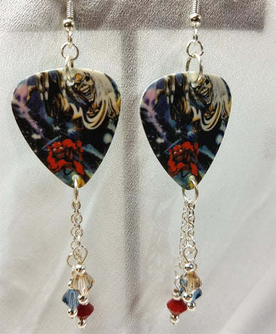 Iron Maiden Number of the Beast Guitar Pick Earrings with Swarovski Crystal Dangles