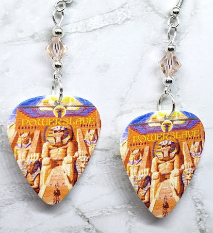 Iron Maiden Powerslave Guitar Pick Earrings with Golden Shadow Swarovski Crystals
