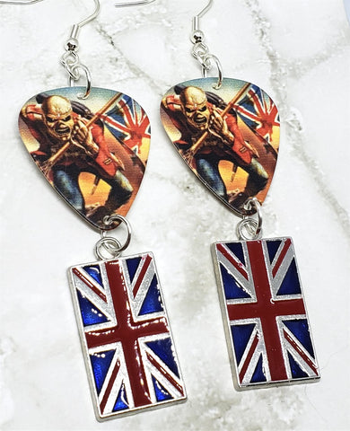Iron Maiden The Trooper Guitar Pick Earrings with British Flag Charm Dangles