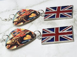 Iron Maiden The Trooper Guitar Pick Earrings with British Flag Charm Dangles