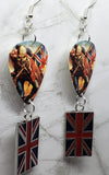 Iron Maiden The Trooper Guitar Pick Earrings with British Flag Charm Dangles
