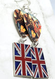 Iron Maiden The Trooper Guitar Pick Earrings with British Flag Charm Dangles