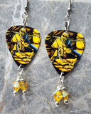 Iron Maiden Piece of Mind Guitar Pick Earrings with Yellow AB Swarovski Crystal Dangles