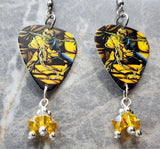 Iron Maiden Piece of Mind Guitar Pick Earrings with Yellow AB Swarovski Crystal Dangles