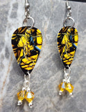 Iron Maiden Piece of Mind Guitar Pick Earrings with Yellow AB Swarovski Crystal Dangles