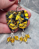 Iron Maiden Piece of Mind Guitar Pick Earrings with Yellow AB Swarovski Crystal Dangles