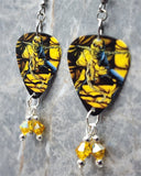 Iron Maiden Piece of Mind Guitar Pick Earrings with Yellow AB Swarovski Crystal Dangles