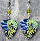Iron Maiden Killers Guitar Pick Earrings with Lime Green Swarovski Crystals