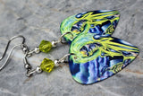 Iron Maiden Killers Guitar Pick Earrings with Lime Green Swarovski Crystals