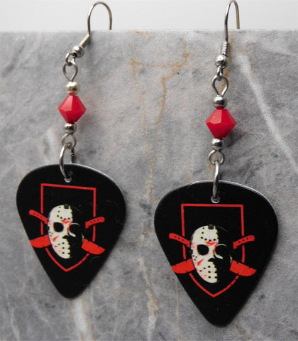Jason Voorhees Friday the 13th Guitar Pick Earrings with Opaque Red Swarovski Crystals