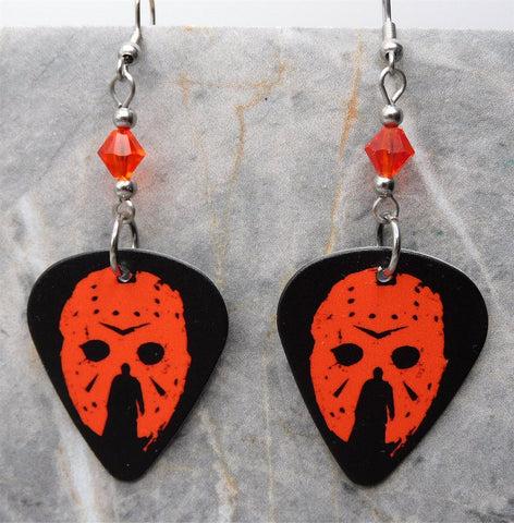 Jason Voorhees Friday the 13th Guitar Pick Earrings with Fire Opal Swarovski Crystal Bicones