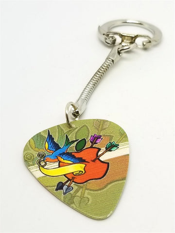 Old School Tattoo Style Apple and Sparrow Guitar Pick Keychain