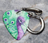 Peacock Two-Sided Guitar Pick Key Chain Purple Peacock and Feathers