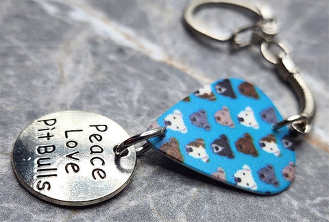 Pit Bull Blue Guitar Pick Keychain with Peace, Love and Pit Bulls Charm