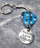 Pit Bull Blue Guitar Pick Keychain with Peace, Love and Pit Bulls Charm
