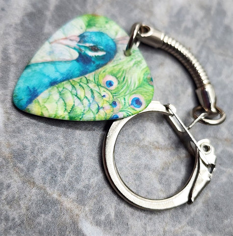 Peacock and Peacock Feather Two-Sided Guitar Pick Key Chain
