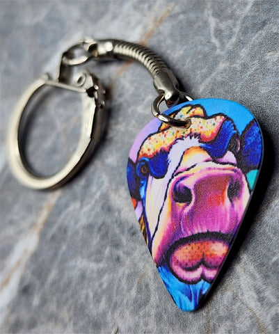Vibrant Watercolor Style Cow Guitar Pick Keychain