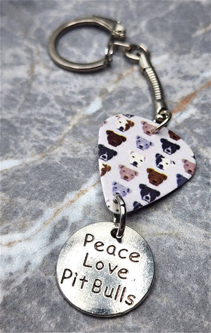 Pit Bull Gray Guitar Pick Keychain with Peace, Love and Pit Bulls Charm