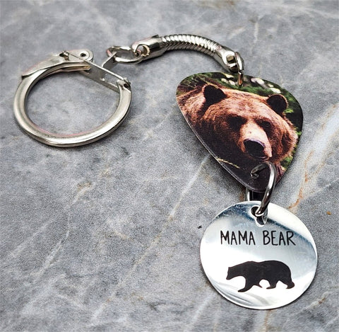 Grizzly Bear Guitar Pick Keychain with Mama Bear Stainless Steel Charm