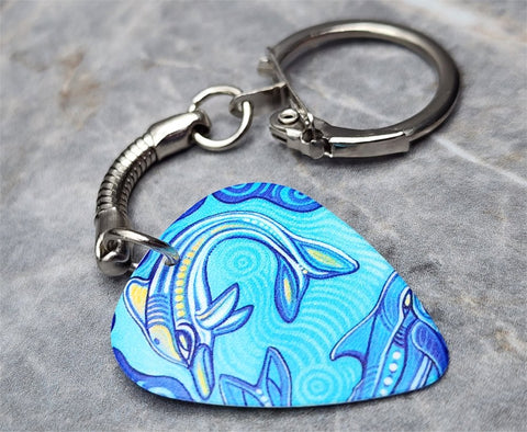 Tribal Art Style Blue Dolphin Guitar Pick Keychain