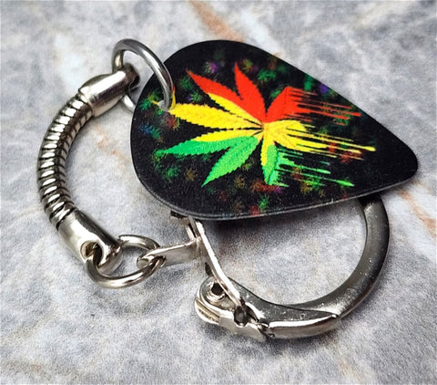Rasta Colored Marijuana Leaf Guitar Pick Keychain