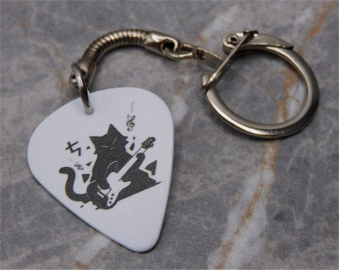 Black Cat Playing Electric Guitar Instrument Guitar Pick Keychain