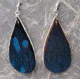 Black and Capri Blue Hair on Hide Leather Elongated Tear Drop Earrings