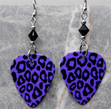 Purple and Black Leopard Print Guitar Pick Earrings with Black Swarovski Crystals