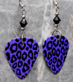 Purple and Black Leopard Print Guitar Pick Earrings with Black Swarovski Crystals