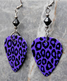 Purple and Black Leopard Print Guitar Pick Earrings with Black Swarovski Crystals