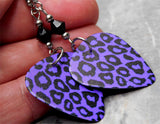 Purple and Black Leopard Print Guitar Pick Earrings with Black Swarovski Crystals