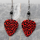 Red and Black Leopard Print Guitar Pick Earrings with Black Swarovski Crystals