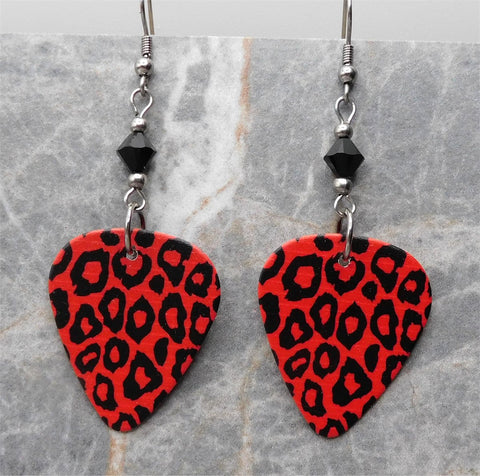 Red and Black Leopard Print Guitar Pick Earrings with Black Swarovski Crystals