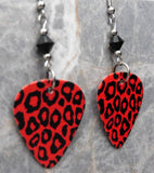 Red and Black Leopard Print Guitar Pick Earrings with Black Swarovski Crystals