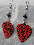 Red and Black Leopard Print Guitar Pick Earrings with Black Swarovski Crystals