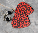 Red and Black Leopard Print Guitar Pick Earrings with Black Swarovski Crystals