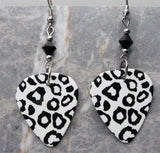 White and Black Leopard Print Guitar Pick Earrings with Black Swarovski Crystals