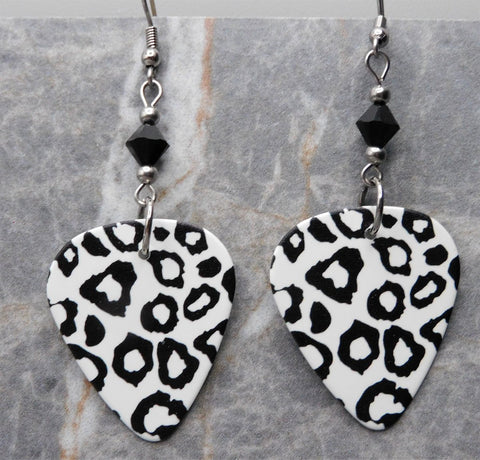 White and Black Leopard Print Guitar Pick Earrings with Black Swarovski Crystals