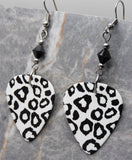 White and Black Leopard Print Guitar Pick Earrings with Black Swarovski Crystals