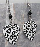 White and Black Leopard Print Guitar Pick Earrings with Black Swarovski Crystals
