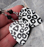 White and Black Leopard Print Guitar Pick Earrings with Black Swarovski Crystals