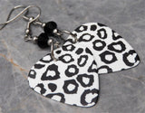 White and Black Leopard Print Guitar Pick Earrings with Black Swarovski Crystals