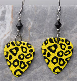 Yellow and Black Leopard Print Guitar Pick Earrings with Black Swarovski Crystals