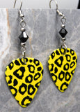 Yellow and Black Leopard Print Guitar Pick Earrings with Black Swarovski Crystals