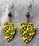 Yellow and Black Leopard Print Guitar Pick Earrings with Black Swarovski Crystals