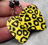 Yellow and Black Leopard Print Guitar Pick Earrings with Black Swarovski Crystals