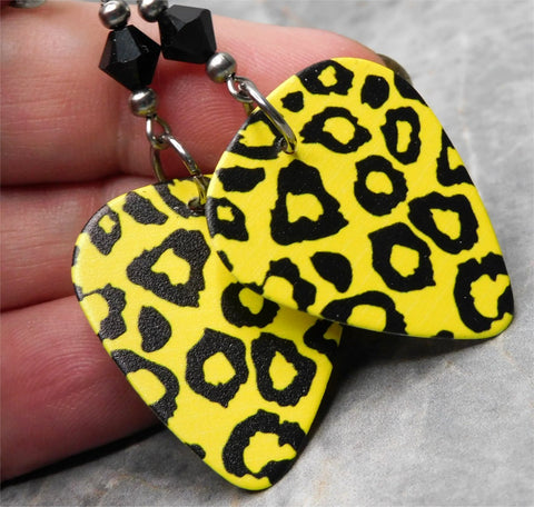 Yellow and Black Leopard Print Guitar Pick Earrings with Black Swarovski Crystals