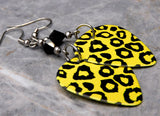 Yellow and Black Leopard Print Guitar Pick Earrings with Black Swarovski Crystals