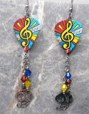 Music Notes and Treble Clef Guitar Pick Earrings with Stainless Steel Treble Clef Charms and Swarovski Crystal Dangles